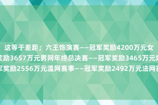 这等于差距；六王饰演赛——冠军奖励4200万元女网年终总决赛——冠军奖励3657万元男网年终总决赛——冠军奖励3465万元好意思网赛事——冠军奖励2556万元温网赛事——冠军奖励2492万元法网赛事——冠军奖励1846万元澳网赛事——冠军奖励1498万元体育最新信息